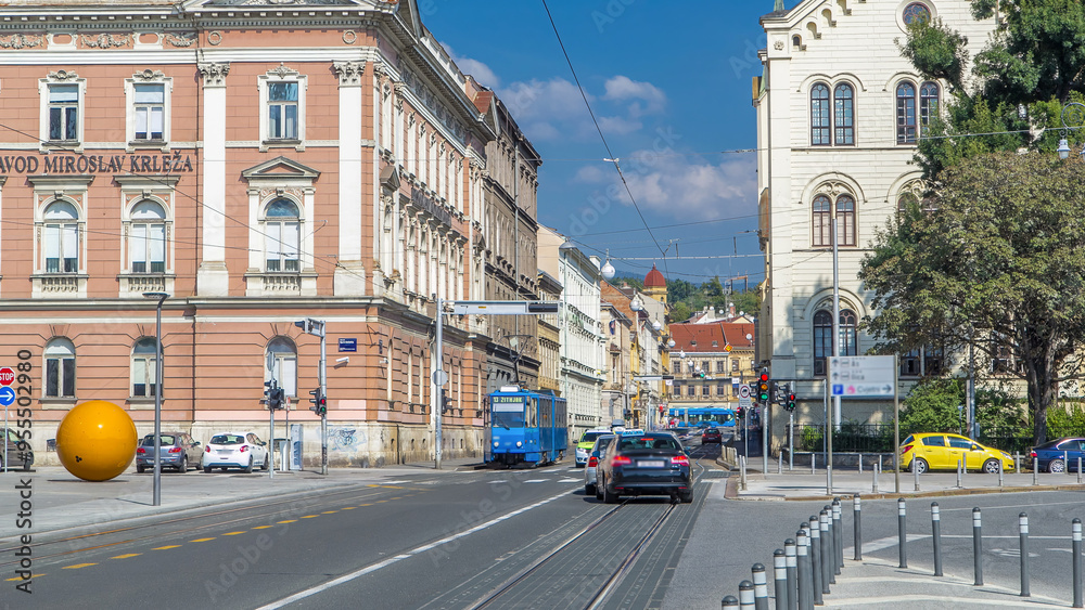 Fototapeta premium Street near new building of Croatian Music Academy timelapse in Zagreb, Croatia.