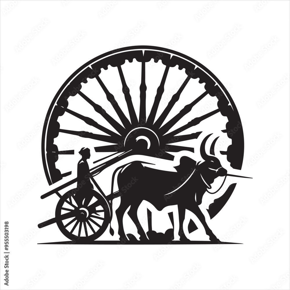 Fototapeta premium bullock cart wheel silhouette vector With White Background 