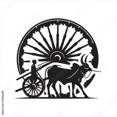 bullock cart wheel silhouette vector With White Background 