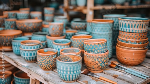 Handmade Ceramic Pots in Blue and Orange