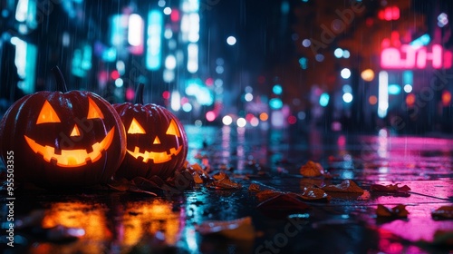 Wallpaper Mural A neon-lit cityscape with cyberpunk Halloween decorations and glowing jack-o'-lanterns Torontodigital.ca