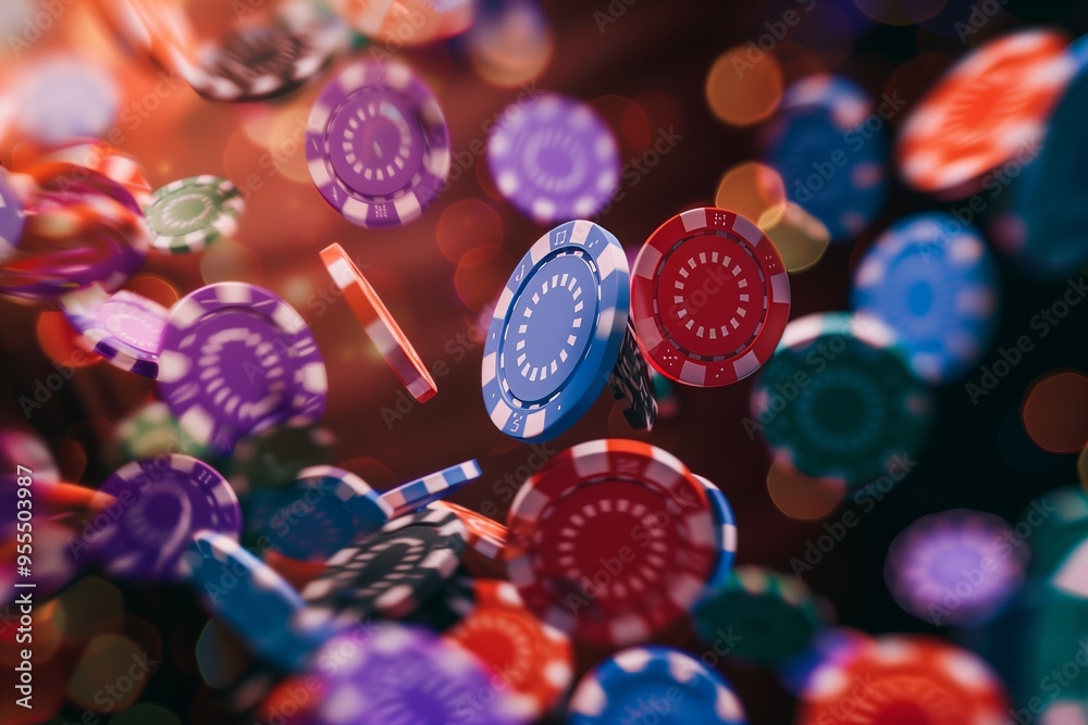 Colorful casino chips falling in the air Colorful casino chips falling in the air