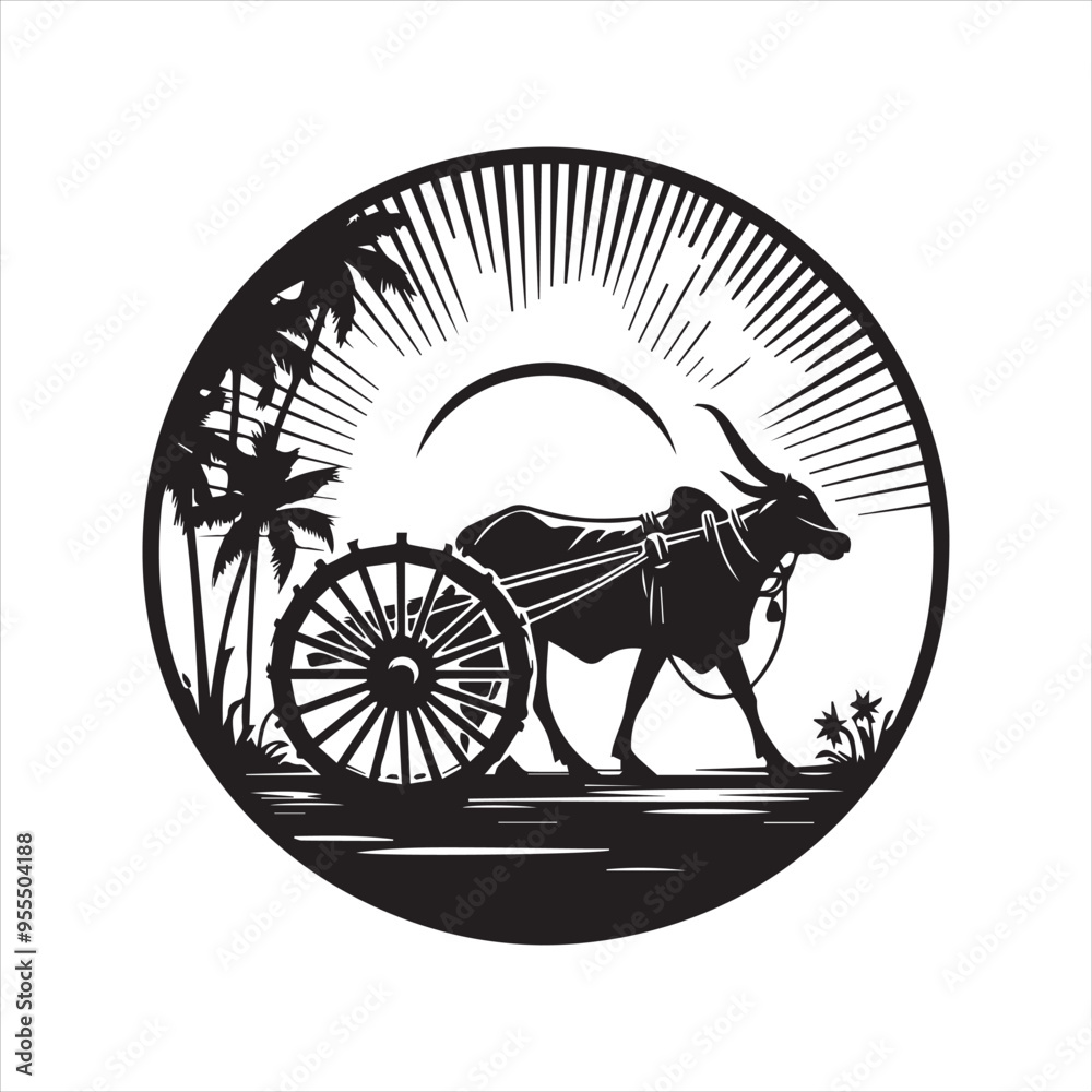 Fototapeta premium bullock cart wheel silhouette vector With White Background 