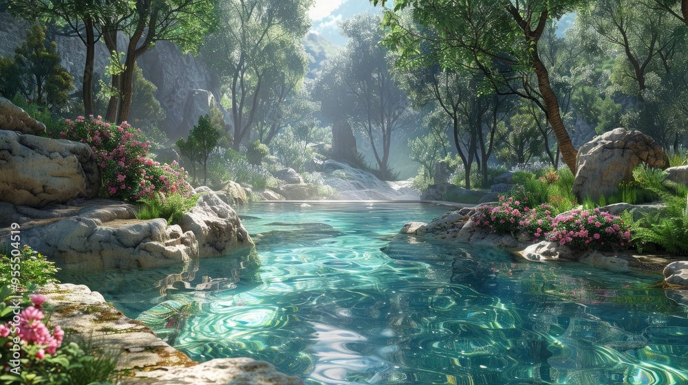 Naklejka premium Tranquil Forest Stream with Sunbeams and Pink Flowers