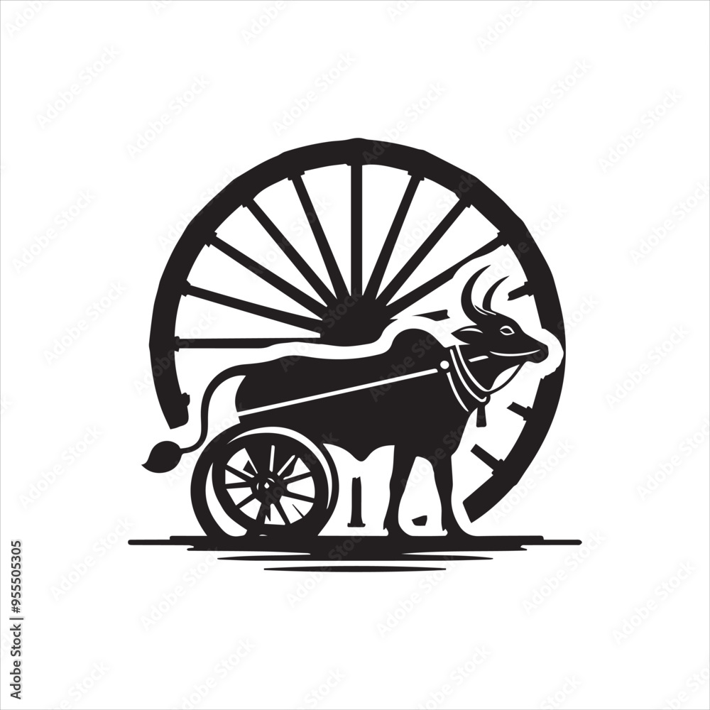 Fototapeta premium bullock cart wheel silhouette vector With White Background 