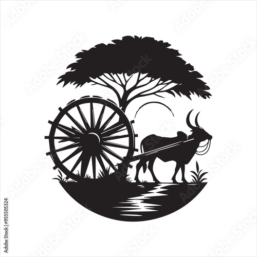 bullock cart wheel silhouette vector With White Background 