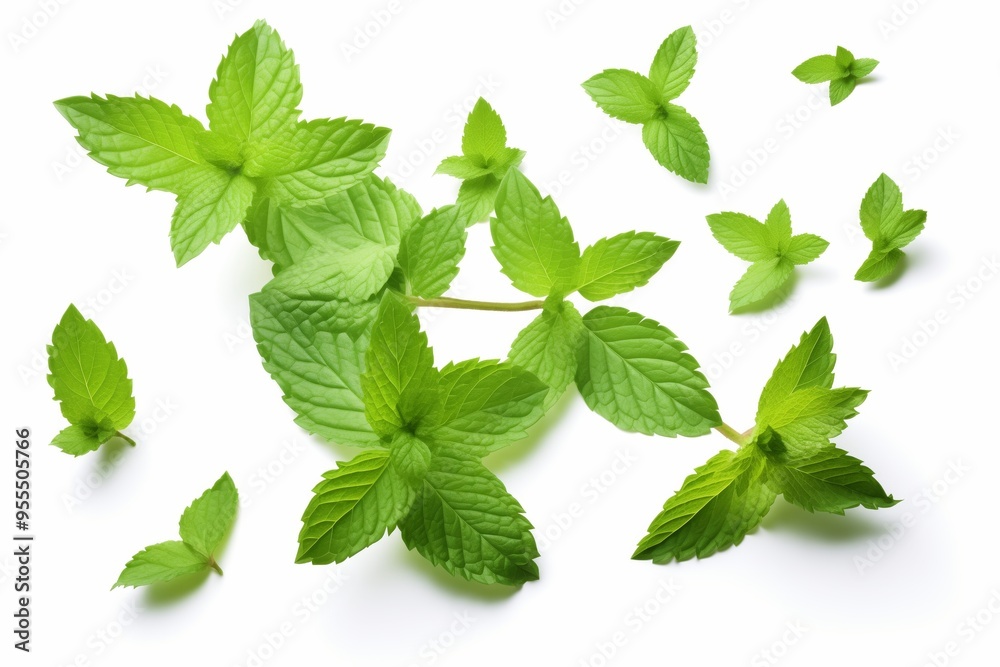 Falling mint leaves, spearmint, isolated on white background, selective focus Falling mint leaves, spearmint, isolated on white background, selective focus