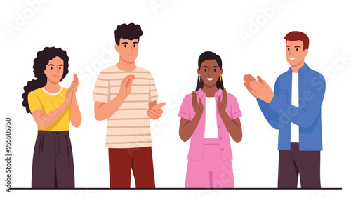 Vector illustration of a group of boys and girls clapping their hands.Cartoon scenes of light-skinned boys and girl, dark-skinned girl standing smiling and clapping hands isolated on white background.