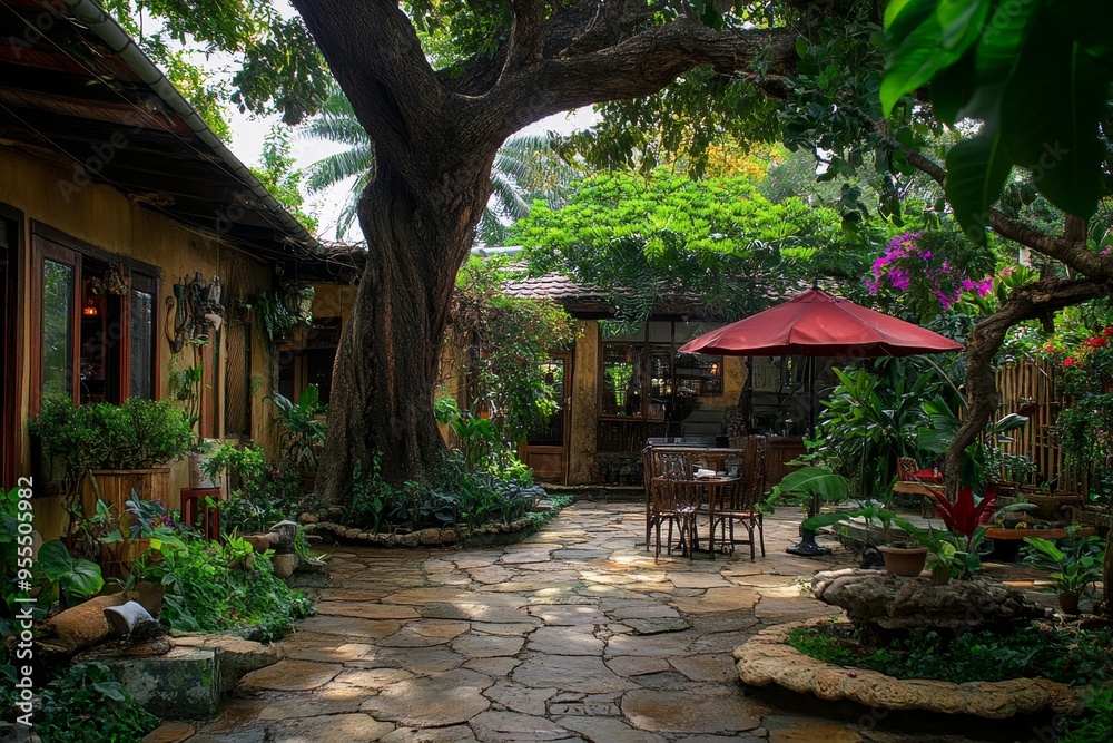 Tropical caf setting showcasing a large tree and inviting backyard for relaxation and enjoyment Tropical caf setting showcasing a large tree and inviting backyard for relaxation and enjoyment