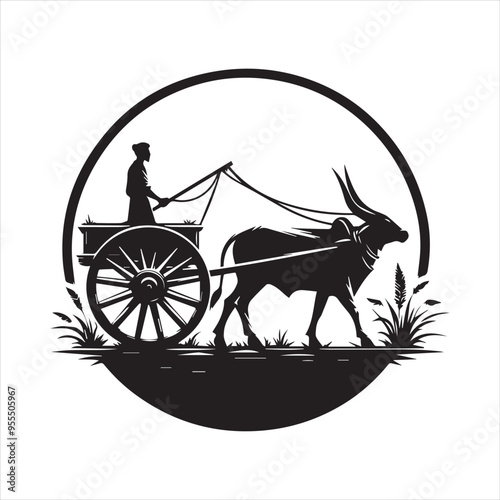 bullock cart wheel silhouette vector With White Background 