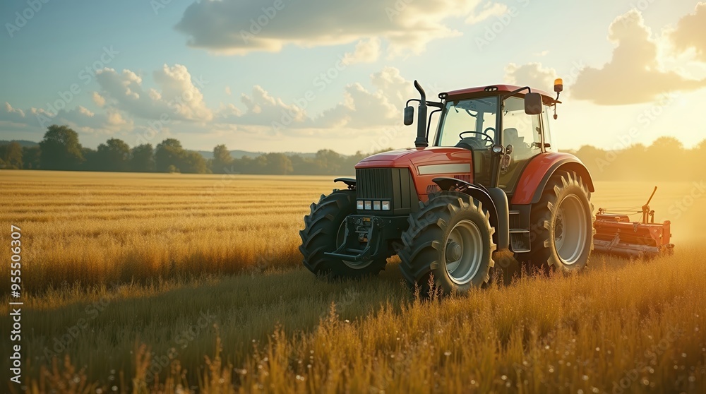 Fototapeta premium A red tractor working in a golden wheat field during sunset, symbolizing agriculture, farming, and the rural lifestyle.
