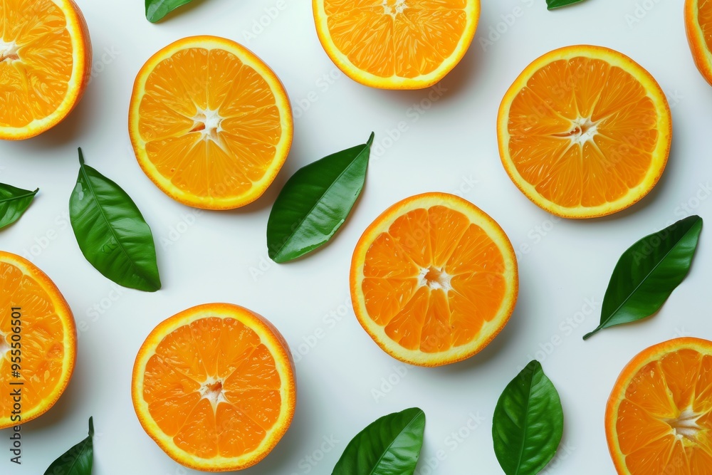Flat lay view Slices Oranges with green leaves isolated on background, summer fruit for refreshment, Freshness Citrus oranges. Flat lay view Slices Oranges with green leaves isolated on background, summer fruit for refreshment, Freshness Citrus oranges.