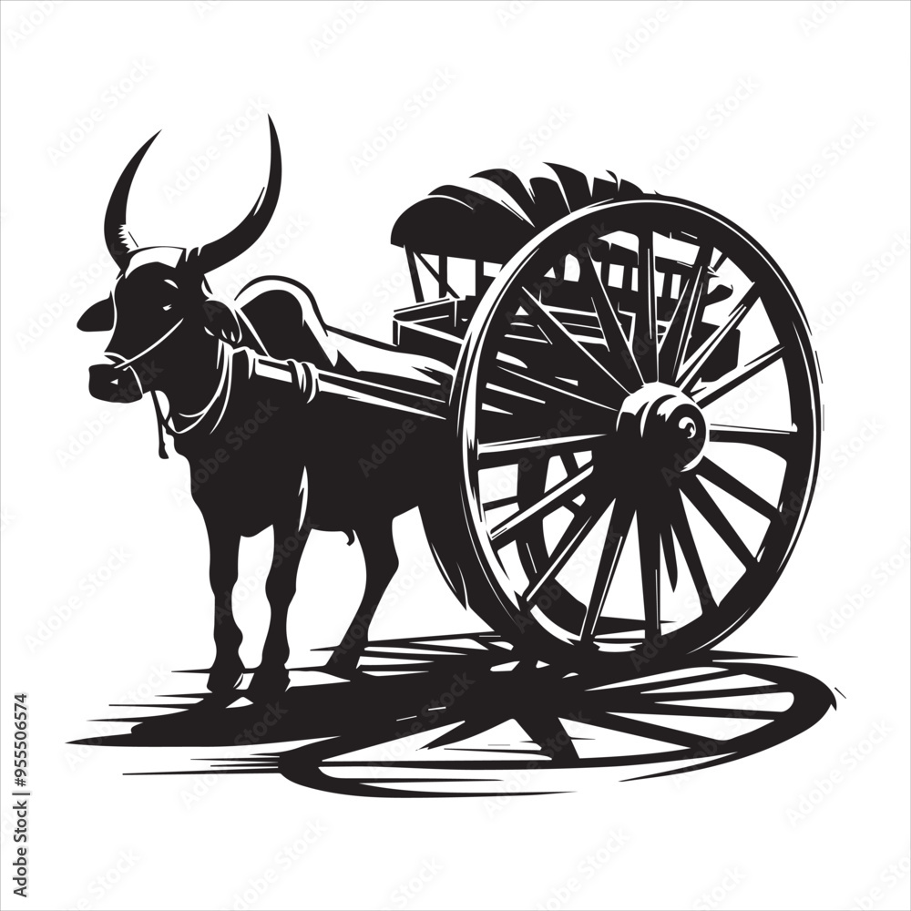 Fototapeta premium bullock cart wheel silhouette vector With White Background