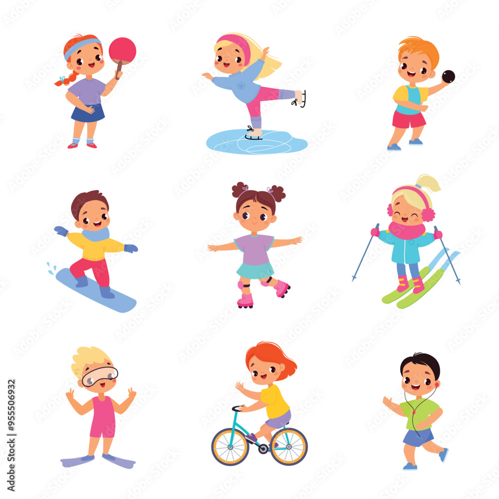 Kids Sport with Girl and Boy Character Enjoy Sportive Activity Vector Set Kids Sport with Girl and Boy Character Enjoy Sportive Activity Vector Set