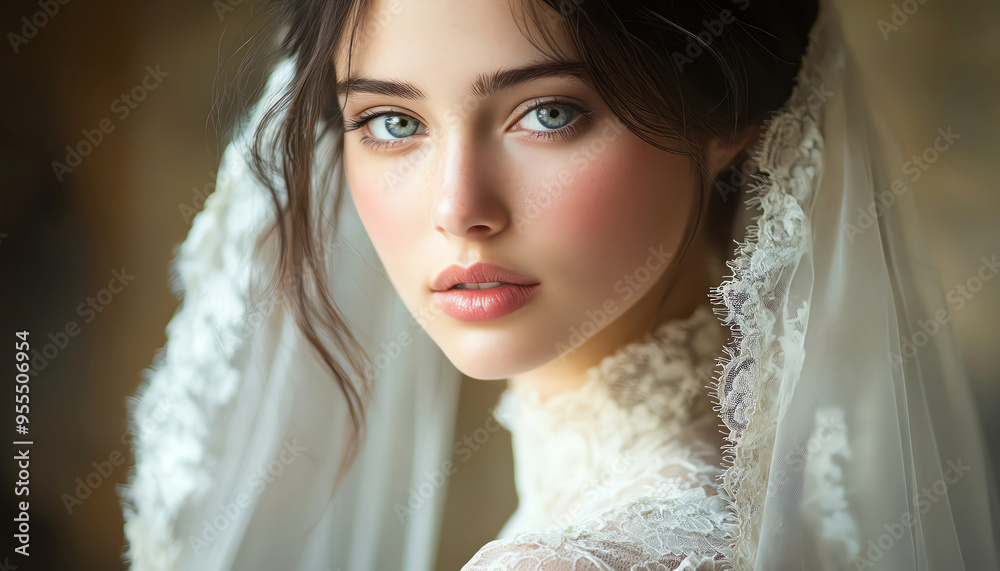 Bride with a soft, serene expression, wearing a lace gown and veil Bride with a soft, serene expression, wearing a lace gown and veil