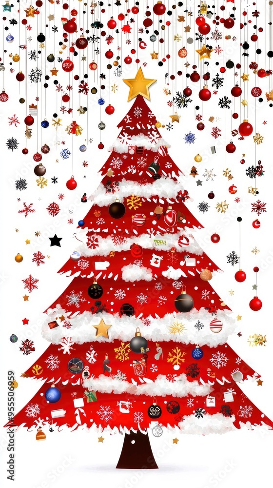 Christmas Tree Decorated with Ornaments and Snowflakes
