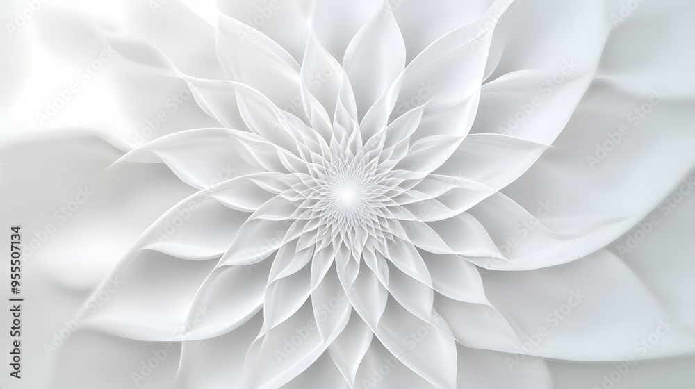 Obraz premium White abstract geometric flower wallpaper background. Elegant minimal subtle light grey shadow sacred geometry mandala packaging or display backdrop. Technology or luxury concept 3D fractal rendering.
