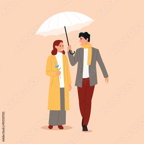 Vector illustration of a happy couple in love.Cartoon scene of a young couple on a walk, dressed in autumn clothes, a girl with a flower, a guy holding a white umbrella isolated on a beige background.