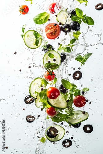 Fresh salad ingredients splashing in delicious olive on white backgroundoil  photo