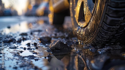 The car wheel slides through a puddle and the sunlight reflects off the wet surface, creating a dynamic and vibrant scene of speed and movement. photo