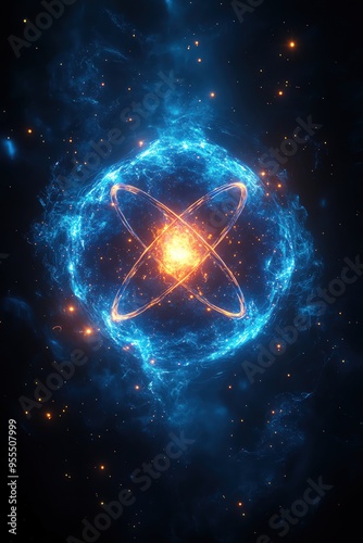 Wallpaper Mural Glowing atomic structure illustration with bright blue energy, against a dark background Torontodigital.ca
