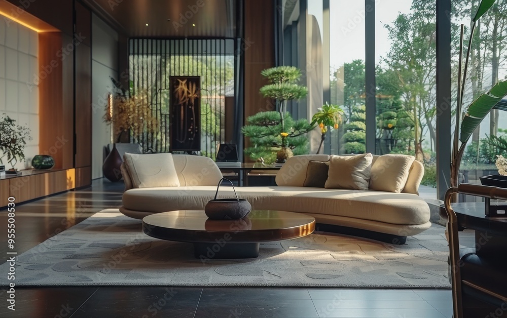 Elegant modern living room featuring sagopalm amidst stylish furniture and serene greenery, creating a tranquil home atmosphere Elegant modern living room featuring sagopalm amidst stylish furniture and serene greenery, creating a tranquil home atmosphere