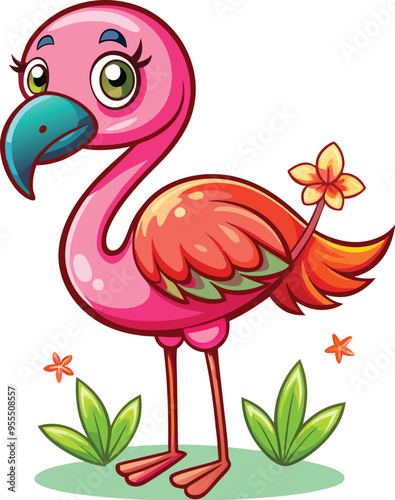 Cute cartoon isolated Flamingos on the beach