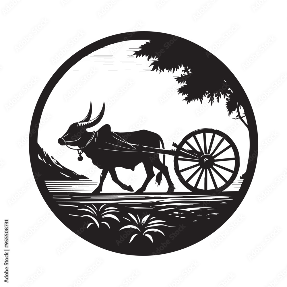 Fototapeta premium bullock cart wheel silhouette vector With White Background