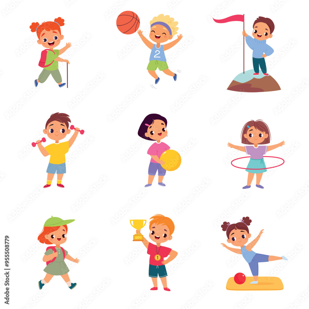 Kids Sport with Girl and Boy Character Enjoy Sportive Activity Vector Set Kids Sport with Girl and Boy Character Enjoy Sportive Activity Vector Set