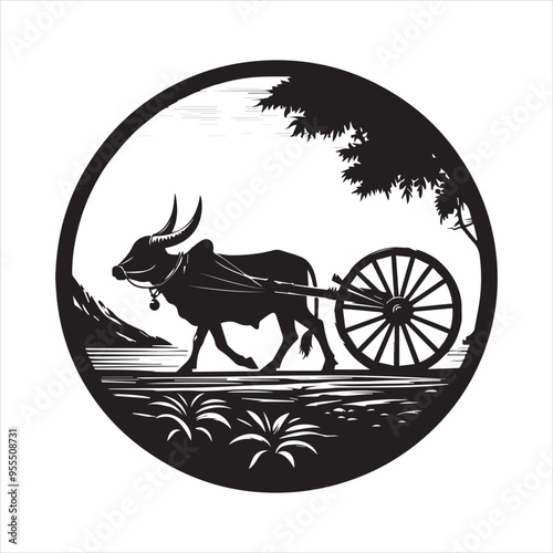 bullock cart wheel silhouette vector With White Background 