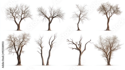 Eight Bare Trees Isolated on White Background photo