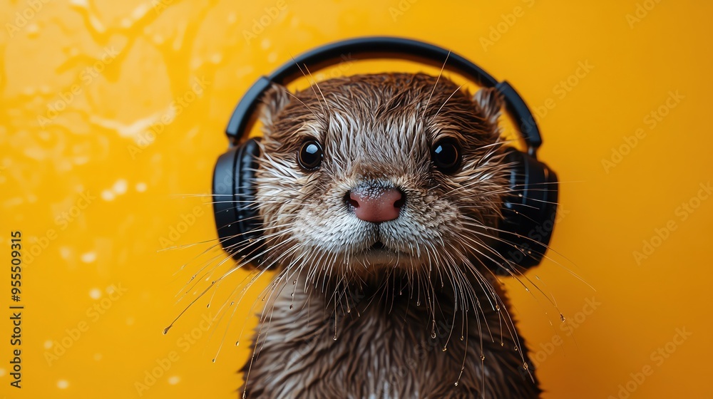 Otter wearing headphones, set against a bright yellow background Otter wearing headphones, set against a bright yellow background