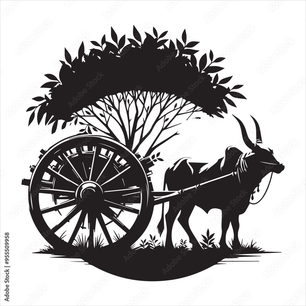 Fototapeta premium bullock cart wheel silhouette vector With White Background 