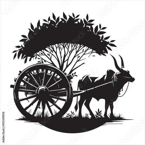 bullock cart wheel silhouette vector With White Background 