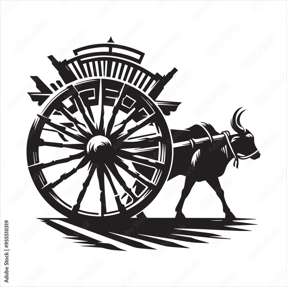 Fototapeta premium bullock cart wheel silhouette vector With White Background 