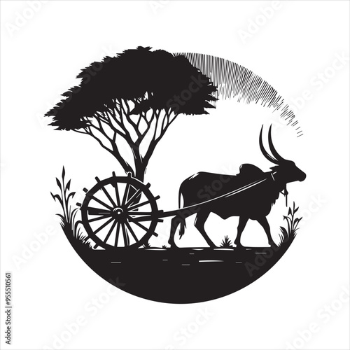 bullock cart wheel silhouette vector With White Background 