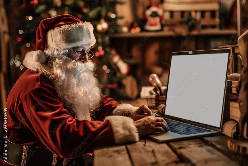 Naklejka premium Over shoulder view of Santa Claus wearing costume using laptop computer with white blank empty mock up screen monitor sitting at workshop table on Merry Christmas eve. 