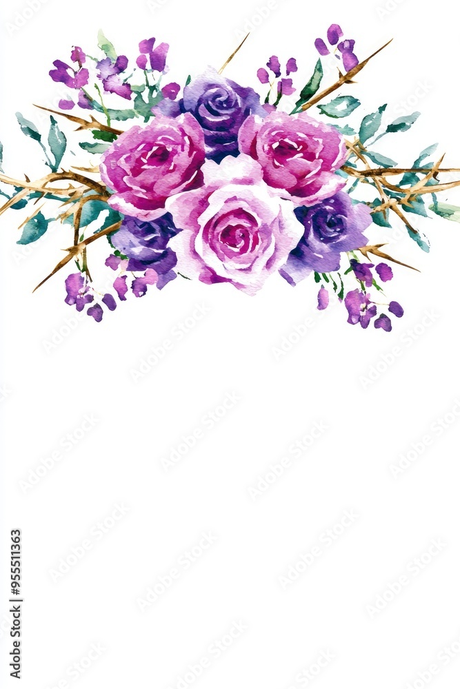 Watercolor Bouquet of Purple and Pink Roses with Thorny Stems