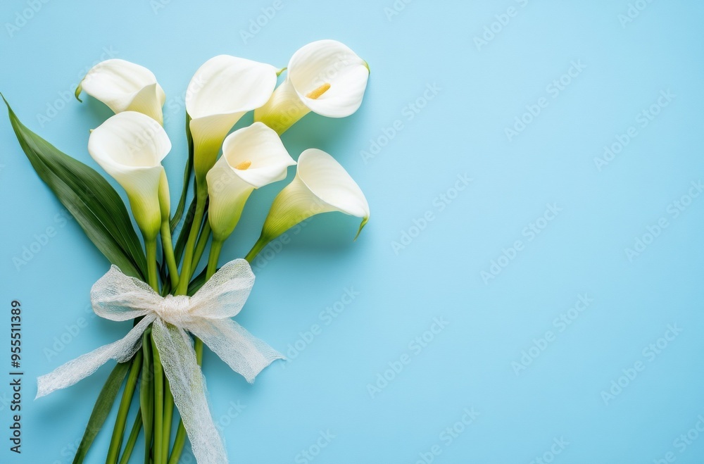 Fototapeta premium White Calla Lilies Bouquet on Blue Background