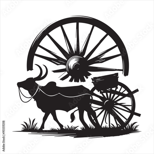 bullock cart wheel silhouette vector With White Background 
