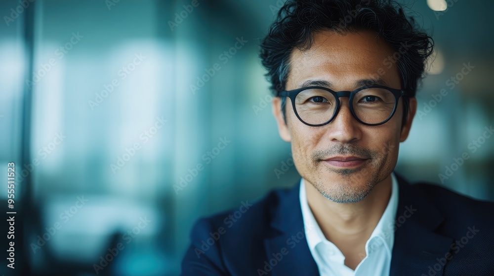 A man wearing glasses and a business suit smiles confidently in a professionally lit office setting, conveying a sense of achievement and success. A man wearing glasses and a business suit smiles confidently in a professionally lit office setting, conveying a sense of achievement and success.