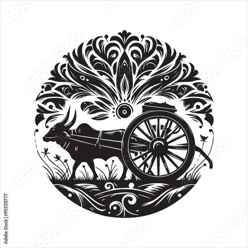 bullock cart wheel silhouette vector With White Background 