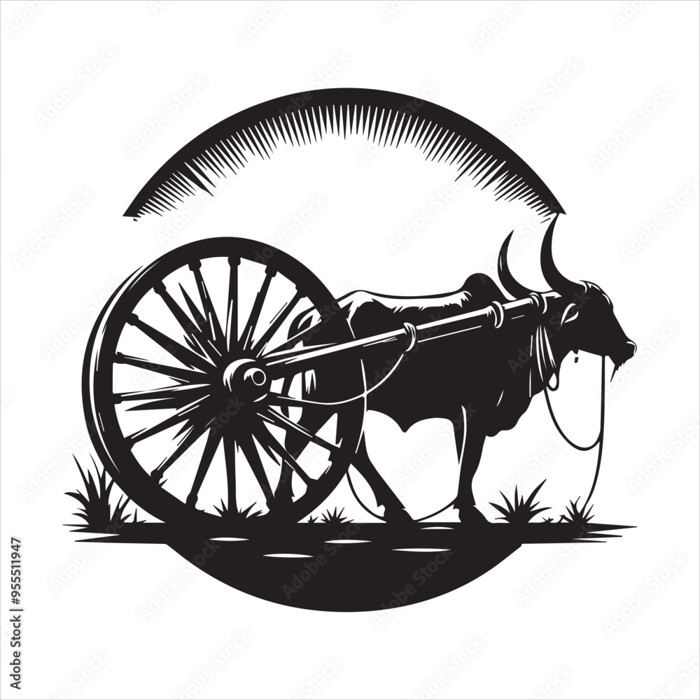 Fototapeta premium bullock cart wheel silhouette vector With White Background