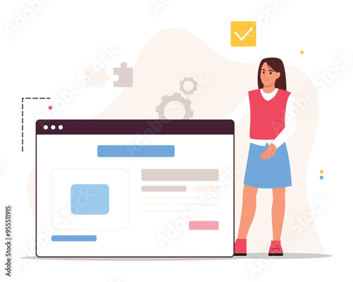 Vector illustration of a girl presenting a website. Cartoon scene of a girl demonstrating website design development isolated on white background. Development of social networks and applications.