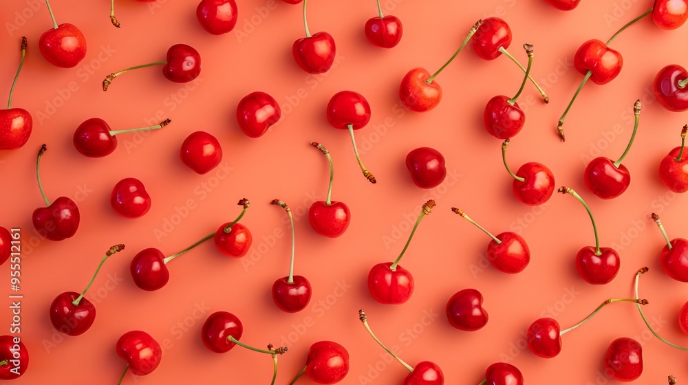 Red Cherry fresh berry pattern from flat view isolated on background, summer fruit for refreshment, fresh berries with high vitamin Red Cherry fresh berry pattern from flat view isolated on background, summer fruit for refreshment, fresh berries with high vitamin