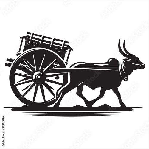bullock cart wheel silhouette vector With White Background 