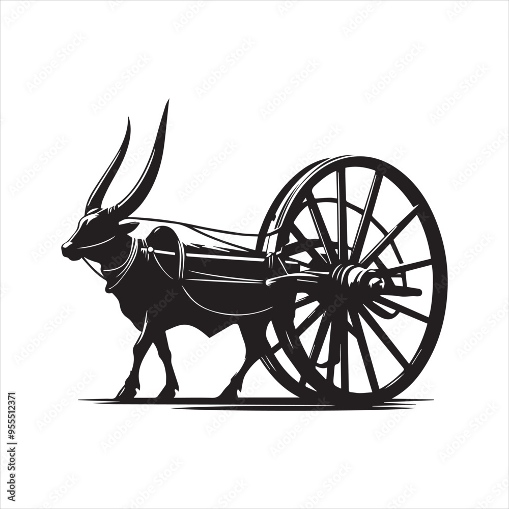 Fototapeta premium bullock cart wheel silhouette vector With White Background 