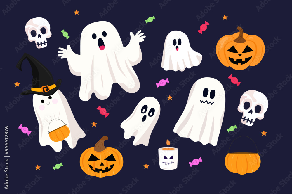 Scary and funny ghost halloween set on purple background. Cute ghosts and pumpkins, candies, skulls - traditional symbols of festive halloween night. For halloween decor, prints, cartoon characters. Scary and funny ghost halloween set on purple background. Cute ghosts and pumpkins, candies, skulls - traditional symbols of festive halloween night. For halloween decor, prints, cartoon characters.