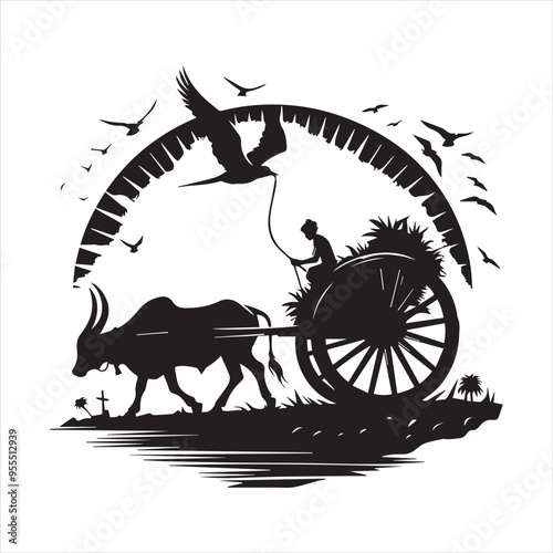 bullock cart wheel silhouette vector With White Background 