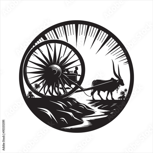 bullock cart wheel silhouette vector With White Background 